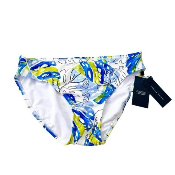 TOMMY HILFIGER Monstera Leaf 50+ SPF Bikini Bottom White and Blue Size M NWT - Picture 4 of 10